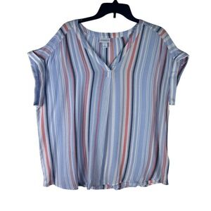Liz Claiborne Womens XL Blue Pink Striped V-Neck Short Sleeve Rayon Blouse NEW